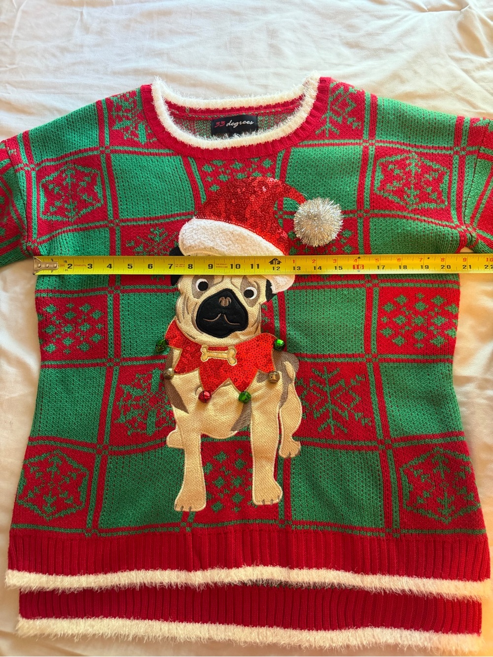 33 Degrees Christmas Pug Sweater L Ugly Holiday Sequin Santa Hat Jingle Bells - Picture 5 of 10
